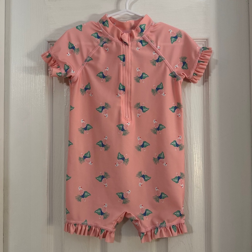 NWOT First Impressions Pink Parakeet Swim Rashguard One Piece with Ruffles